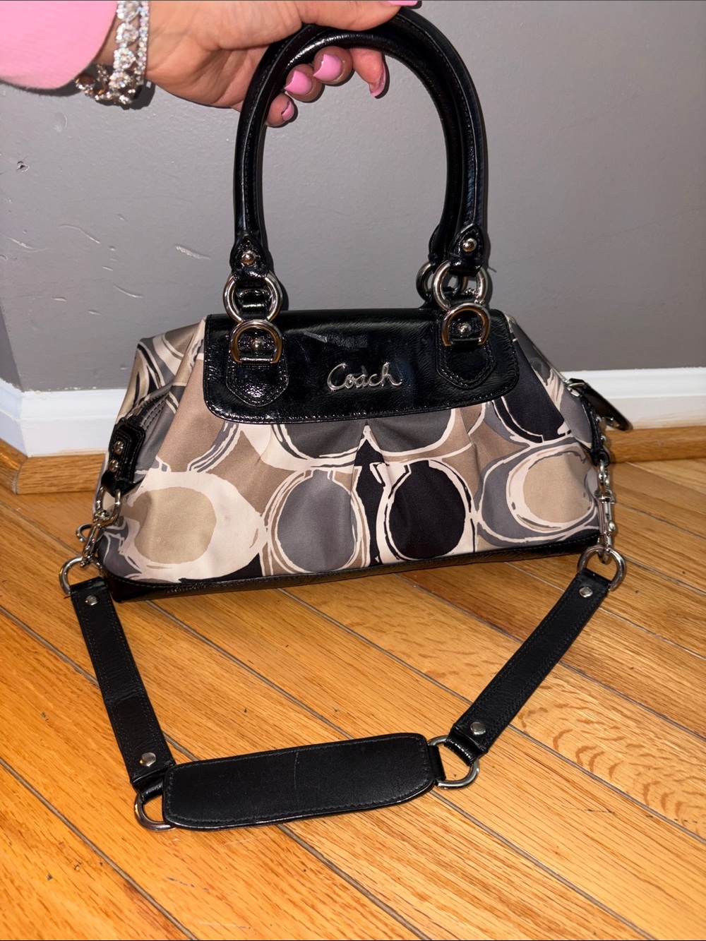 Coach Signature Circle-Print Shoulder Bag in Black and Taupe